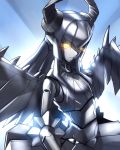  ban closed_mouth crop_top elizabeth_bathory_(fate)_(all) fate/grand_order fate_(series) glowing glowing_eyes grey_skin horns looking_at_viewer mecha_eli-chan_mk.ii pointy_ears robot skirt solo spikes standing upper_body wings yellow_eyes 
