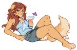  5_fingers anthro barefoot blue_eyes breasts brown_hair canine clothed clothing detailed_background digital_media_(artwork) dog female hair kaitycuddle looking_at_viewer mammal smile solo 