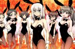  akaboshi_koume akiyama_yukari animal_ears arm_behind_back arm_grab bangs black_footwear black_legwear black_leotard black_neckwear blue_eyes bow bowtie breasts brown_eyes brown_hair bunny_ears bunny_girl bunny_tail bunnysuit cleavage closed_mouth collar crazy_eyes crowd detached_collar dilated_pupils emblem empty_eyes extra eyebrows_visible_through_hair fake_animal_ears frown garrote girls_und_panzer hand_on_own_ass hand_on_own_chest hand_on_own_face high_heels itsumi_erika leotard long_hair looking_at_another looking_at_viewer medium_breasts messy_hair multiple_girls nakahira_guy odd_one_out open_mouth pantyhose piano_wire ponytail ritaiko_(girls_und_panzer) short_hair short_twintails silver_hair small_breasts smile standing standing_on_one_leg strapless strapless_leotard tail thigh_gap twintails v-shaped_eyebrows very_short_hair wavy_hair wrist_cuffs 