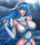  1girl aqua_(fire_emblem_if) arm_gloves bare_shoulders blue_hair breasts cleavage fingerless_gloves fire_emblem fire_emblem_if flowerxl gloves intelligent_systems large_breasts lips long_hair looking_at_viewer nintendo solo yellow_eyes 