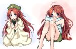  ahoge amagi_(amagi626) bare_legs bare_shoulders barefoot beret black_neckwear black_ribbon blanket blue_eyes blush braid commentary_request covered_mouth eyebrows_visible_through_hair feet_out_of_frame green_hat hat highres holding holding_pillow hong_meiling knees_up long_hair looking_at_viewer multiple_views neck_ribbon no_hat no_headwear object_hug orange_hair pillow ribbon star touhou twin_braids very_long_hair white_background wing_collar younger 