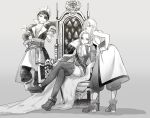  2boys alternate_costume boots braid camus_(dq11) dragon_quest dragon_quest_xi eyepatch greyscale haru_(d-s-c) headband hero_(dq11) long_hair long_sleeves monochrome multiple_boys sitting sketch thigh_boots thighhighs throne twin_braids veronica_(dq11) 