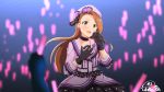  black_gloves black_skirt bow brown_eyes brown_hair choker collarbone commentary_request earrings floating_hair gloves hat hat_bow holding holding_microphone idol idolmaster idolmaster_(classic) idolmaster_million_live! idolmaster_million_live!_theater_days jabara_tornado jewelry long_hair microphone minase_iori open_mouth out_of_frame pink_hat pleated_skirt polka_dot_skirt pov pov_hands purple_bow signature skirt solo_focus stage striped striped_bow very_long_hair 