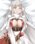  azur_lane belt blush breasts cape cleavage cleavage_cutout commentary_request doll earmuffs enterprise_(azur_lane) fur-trimmed_cape fur-trimmed_gloves fur_trim gloves grey_hair hayami_yoichi large_breasts long_hair lying on_back on_ground purple_eyes rudolph_the_red_nosed_reindeer sack scarf snow solo wavy_mouth 