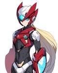  armor ban blonde_hair blue_eyes bodysuit closed_mouth cowboy_shot gauntlets helmet long_hair looking_at_viewer male_focus one_eye_covered ponytail rockman rockman_x simple_background solo very_long_hair white_background zero_(rockman) 