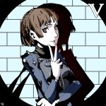  brown_hair gloves grey_gloves looking_at_viewer nanaya_(daaijianglin) niijima_makoto parted_lips persona persona_5 red_eyes shadow short_hair smile solo upper_body v 