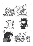  &gt;_&lt; :3 afterimage animal_ears blush bow bowtie center_frills closed_eyes comic elbow_gloves eyebrows_visible_through_hair fingerless_gloves fur_collar gazelle_ears gazelle_horns gazelle_tail gloves gradient_hair greyscale hand_on_own_face highres hippopotamus_(kemono_friends) hippopotamus_ears jaguar_(kemono_friends) jaguar_ears jaguar_print jaguar_tail jumping kemono_friends kemono_friends_pavilion kotobuki_(tiny_life) long_hair long_sleeves monochrome multicolored_hair multiple_girls one-piece_swimsuit otter_ears otter_tail pantyhose playground_equipment_(kemono_friends_pavilion) pleated_skirt shirt short_hair short_sleeves skirt small-clawed_otter_(kemono_friends) swimsuit t-shirt tail thighhighs thomson's_gazelle_(kemono_friends) trampoline translated 