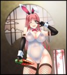  1girl animal_ears bare_shoulders breasts bunny_ears bunny_suit cameltoe cleavage green_eyes large_breasts long_hair looking_at_viewer one_eye_closed open_mouth pink_hair smile solo standing thighhighs v 