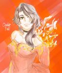  bare_shoulders breasts brown_eyes brown_hair character_name cinder_fall cleavage fire hair_over_one_eye holding_flame long_hair medium_breasts orange_background rwby toutetsu_mon upper_body 