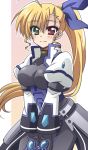  ahoge armor black_bodysuit black_gloves blonde_hair blue_ribbon bodysuit closed_mouth cowboy_shot eyebrows_visible_through_hair gloves green_eyes hair_ribbon heterochromia jacket juliet_sleeves leaning_forward long_hair long_sleeves looking_at_viewer lyrical_nanoha magical_girl mahou_shoujo_lyrical_nanoha_vivid open_clothes open_jacket overskirt puffy_sleeves red_eyes ribbon san-pon side_ponytail smile solo v_arms vivio white_jacket 