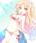  azur_lane bare_arms bare_shoulders bikini bikini_pull blonde_hair blue_innertube blush bottle bow_bikini breasts cameltoe cleveland_(azur_lane) collarbone commentary_request day eyebrows_visible_through_hair flower food food_in_mouth gradient_hair groin hair_flower hair_ornament holding holding_bottle holding_innertube innertube leaning_back long_hair looking_at_viewer medium_breasts mouth_hold multicolored_hair navel one_side_up outdoors parted_lips popsicle red_eyes sakurato_ototo_shizuku side-tie_bikini solo striped striped_bikini sunlight swimsuit transparent very_long_hair water_bottle wet white_flower 