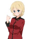  arm_behind_back bangs blonde_hair blue_eyes blush braid clenched_hand closed_mouth commentary darjeeling epaulettes eyebrows_visible_through_hair girls_und_panzer highres jacket kohakope light_frown long_sleeves looking_at_viewer military military_jacket military_uniform red_jacket short_hair simple_background solo st._gloriana's_military_uniform standing tied_hair twin_braids uniform upper_body white_background 
