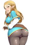  1girl anoni-chan ass black_pants blonde_hair blush braid breasts cameltoe clothed fingerless_gloves gloves green_eyes large_breasts lips long_hair looking_at_viewer looking_back nintendo open_mouth pants pointy_ears princess_zelda smile solo the_legend_of_zelda the_legend_of_zelda:_breath_of_the_wild thighs tongue 