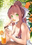  artist_name bendy_straw blush bow bracelet breasts brown_hair cleavage commentary commentary_request doki_doki_literature_club drinking_straw eating eyebrows_visible_through_hair food fruit green_eyes hair_bow highres jewelry large_breasts long_hair looking_at_viewer monika_(doki_doki_literature_club) necklace orange orange_juice ponytail solo xhunzei 