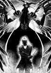  antonio_salieri_(fate/grand_order) claws coat commentary cravat facing_viewer fate/grand_order fate_(series) greyscale highres holding knife long_sleeves male_focus monochrome monster nakamura_regura pants solo standing stiletto_(weapon) striped 