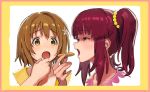  brown_eyes brown_hair cookie eating eyebrows_visible_through_hair flower food frame hair_bobbles hair_flower hair_ornament highres idolmaster idolmaster_cinderella_girls long_hair looking_at_another mimura_kanako multiple_girls ogata_chieri open_mouth red_hair shiro_ymko short_hair sidelocks simple_background tears twintails upper_body 