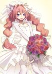  artist_name astolfo_(fate) blush bouquet bow bridal_veil bride collarbone dress eudetenis eyebrows_visible_through_hair fate/apocrypha fate_(series) floral_print flower hair_bow hair_intakes highres jewelry long_hair low_twintails male_focus multicolored_hair necklace open_mouth otoko_no_ko pantyhose pink_flower pink_hair pink_rose purple_eyes purple_flower purple_rose red_flower red_rose rose shrug_(clothing) smile solo streaked_hair twintails veil very_long_hair wedding_dress white_bow white_dress 