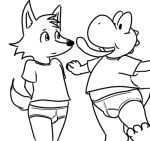  anthro barefoot briefs bulge canine clothing duo fox foxune male mammal mario_bros monochrome nintendo nishi shirt simple_background t-shirt tongue underwear video_games yoshi 