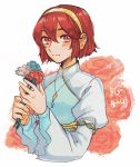  blush dress fire_emblem fire_emblem:_monshou_no_nazo flower hairband headband maria_(fire_emblem) red_eyes red_hair short_hair smile solo tnmrdgr 