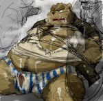  2015 barazoku bear boxers_(clothing) bukkake clothed clothing cum cum_on_chest cum_on_face cum_on_leg cum_on_stomach erection grizzly_bear group group_sex kemono kotobuki male male/male mammal muscular obese overweight partially_clothed sex sitting steam torn_clothing underwear 