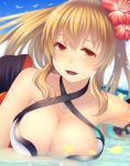  blonde_hair blush breasts cleavage commentary_request empty_eyes flower granblue_fantasy hair_flower hair_ornament koko_(koko3) large_breasts long_hair looking_at_viewer open_mouth orange_eyes ponytail solo swimsuit vira_lilie 