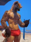 2018 abs anthro ball beach biceps bulge chunie clothed clothing digital_media_(artwork) fur hair hi_res hyena looking_at_viewer male mammal muscular muscular_male nipples open_mouth outside pecs seaside smile solo spots standing swimsuit topless water 