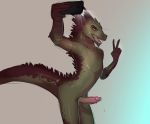  2018 anthro balls brown_scales cellphone digital_media_(artwork) dragon erection gaypajamas green_scales horn leaking male nude open_mouth penis phone pose precum scales selfie simple_background skinny smile solo standing teeth v_sign yellow_eyes 