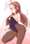  animal_ears black_leotard breasts brown_hair brown_legwear bunny_ears bunny_girl bunny_tail bunnysuit detached_collar gloves gradient gradient_background highres idolmaster idolmaster_(classic) idolmaster_2 leotard long_hair looking_at_viewer minase_iori nagasode_(48789563) pantyhose pink_background red_eyes small_breasts solo sparkle standing standing_on_one_leg strapless strapless_leotard tail white_background white_gloves 