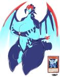  2016 anthro averyshadydolphin big_breasts blue_skin breasts card dragon female galaxy-eyes_photon_dragon hand_on_breast hi_res looking_at_viewer markings membranous_wings simple_background solo trading_card wide_hips wings yu-gi-oh yu-gi-oh_card 