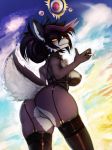  2018 anthro big_butt breasts butt clothed clothing digital_media_(artwork) female fur general-irrelevant hair hi_res looking_back mammal nipples pussy rear_view smile solo standing thick_thighs 