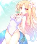 azur_lane bangs blonde_hair blue_hair blue_innertube blush bottle breasts cleveland_(azur_lane) collarbone covered_navel eyebrows_visible_through_hair flower food food_in_mouth gradient_hair groin hair_flower hair_ornament highleg highleg_swimsuit holding holding_bottle holding_innertube innertube long_hair looking_at_viewer medium_breasts mouth_hold multicolored_hair name_tag new_school_swimsuit one-piece_swimsuit one_side_up parted_bangs popsicle red_eyes sakurato_ototo_shizuku school_swimsuit solo swimsuit transparent very_long_hair water_bottle wet white_flower white_school_swimsuit white_swimsuit 
