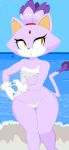  2018 5_fingers anthro beach blaze_the_cat breasts cat clothing digital_media_(artwork) dream-cassette eyelashes feline female fur gloves hi_res looking_aside mammal microbikini nervous open_mouth purple_fur seaside small_breasts solo sonic_(series) standing swimsuit thigh_gap yellow_eyes 