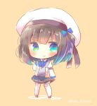  acasta_(azur_lane) azur_lane bangs beret blue_bow blue_eyes blue_neckwear blue_skirt blush bow bowtie brown_background brown_footwear brown_hair chibi closed_mouth collared_shirt commentary_request eyebrows_visible_through_hair full_body hat jacket kouu_hiyoyo long_hair long_sleeves looking_at_viewer one_side_up open_clothes open_jacket pleated_skirt shirt short_hair skirt sleeves_past_wrists smile solo standing sweater_vest thighhighs twitter_username white_hat white_jacket white_legwear white_shirt 