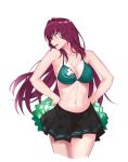  bangs bare_shoulders black_skirt blush boston_celtics breasts cheerleader cleavage clover_print collarbone commentary_request fate/grand_order fate_(series) green_bikini_top hands_on_hips highres hips large_breasts long_hair miniskirt national_basketball_association navel open_mouth pleated_skirt pom_poms purple_hair red_eyes scathach_(fate)_(all) scathach_(fate/grand_order) shijie_jianfa simple_background skirt smile solo thighs white_background 