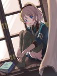 argyle argyle_legwear ayase_eli black_bow black_skirt blonde_hair blue_eyes blue_neckwear blue_shirt blush book bow character_name curtains dutch_angle fuyuzima hair_bow happy_birthday indoors knees_up leg_hug looking_at_viewer love_live! love_live!_school_idol_project necktie no_shoes parted_lips pleated_skirt ponytail shirt sitting_in_window skirt smile solo thighhighs twitter_username window 
