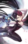  alternate_hair_length alternate_hairstyle amulet ankle_gun bayonetta bayonetta_(character) bayonetta_2 beehive_hairdo bodysuit cleavage_cutout earrings eyeshadow glasses gun jewelry lipstick looking_at_viewer makeup mole mole_under_mouth quadruple_wielding solo toasterkiwi weapon 