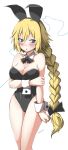  absurdres animal_ears arm_under_breasts artist_name bare_shoulders black_bow black_hairband black_leotard blonde_hair blue_eyes blush bow bowtie braid breast_hold breasts bunnysuit cleavage commission detached_collar eudetenis eyebrows_visible_through_hair fake_animal_ears fate/apocrypha fate_(series) hair_between_eyes hair_bow hairband highleg highleg_leotard highres jeanne_d'arc_(fate) jeanne_d'arc_(fate)_(all) large_breasts leotard long_braid long_hair looking_away looking_to_the_side open_mouth simple_background single_braid solo strapless strapless_leotard very_long_hair white_background wrist_cuffs 