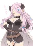  asymmetrical_gloves belt black_gloves braid breasts cleavage_cutout closed_eyes commentary_request draph elbow_gloves gloves granblue_fantasy hair_ornament hair_over_one_eye hairclip hands_on_hips highres horns lavender_hair long_hair mismatched_gloves narmaya_(granblue_fantasy) nora_higuma pointy_ears simple_background single_braid single_elbow_glove sleeveless smile solo thigh_strap white_background 