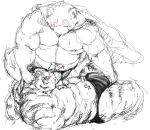  2015 ball_grab balls barazoku bear black_and_white blush bulge cape clothed clothing costume cum cum_in_mouth cum_inside duo feline fellatio kemono kotobuki male male/male mammal mask monochrome muscular obese oral overweight partially_clothed sex simple_background sketch sweat tiger underwear white_background 