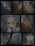  2018 5_fingers andrew_oleander anthro anthro_on_anthro bed bedding black_nose blanket blue_eyes blush brown_eyes brown_fur bulge canine clothed clothing comic cooper_estevez detailed_background dialogue dog duo english_text eyes_closed facing_each_other fur golden_retriever grey_fur grope hand_on_penis humanoid_penis jackaloo lying male male/male mammal on_bed on_side open_mouth pants penis penis_grab penis_outline pillow precum shirt speech_bubble tan_fur text thought_bubble underwear wolf 