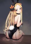  abigail_williams_(fate/grand_order) animal_ears ass back back-seamed_legwear bangs bare_shoulders black_bow blonde_hair blue_eyes blush bow bowtie bunny_ears bunny_girl bunny_tail bunnysuit detached_collar fate/grand_order fate_(series) fishnet_pantyhose fishnets hair_bow hips leotard long_hair looking_at_viewer orange_bow pantyhose parted_bangs polka_dot polka_dot_bow seamed_legwear simple_background sitting solo strapless strapless_leotard sunga2usagi tail very_long_hair wrist_cuffs 