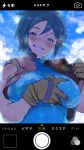  2equal8 allenby_beardsley blue_bodysuit blue_hair blush bodysuit breast_grab breasts cellphone fake_screenshot g_gundam gloves grabbing green_eyes gundam highres large_breasts looking_at_viewer naughty_face phone self_fondle short_hair smartphone smile solo 