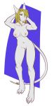  2016 4_toes absurd_res anthro black_sclera blonde_hair breasts claws digital_media_(artwork) faint featureless_crotch female front_view fur green_eyes grey_fur hair hi_res mammal navel nipples nude rat rodent simple_background solo standing toe_claws toes 