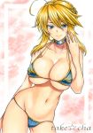  ahoge artist_name artoria_pendragon_(all) artoria_pendragon_(lancer) bangs bare_shoulders bikini blonde_hair blue_bikini blue_eyes blush braid breasts choker cleavage collarbone commentary_request eyelashes fate/grand_order fate_(series) french_braid hair_between_eyes hand_up highres hips large_breasts looking_at_viewer marker_(medium) navel sidelocks smile solo swept_bangs swimsuit takecha traditional_media 