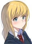  blonde_hair blue_eyes blue_sweater blush closed_mouth collared_shirt commentary_request highres long_hair looking_at_viewer necktie original red_neckwear shirt simple_background solo sweater upper_body white_background wing_collar yuki_arare 