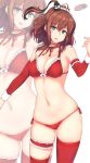  alternate_costume artist_name bare_shoulders blue_eyes bra breasts brown_hair choker detached_sleeves hair_between_eyes highres kantai_collection large_breasts long_hair open_mouth osterei red_bra red_choker red_legwear saratoga_(kantai_collection) side_ponytail signature simple_background smile solo underwear white_background zoom_layer 