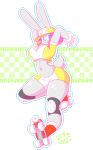  anthro big_breasts blue_eyes breasts clothing cute female frannie_funbun hair hat hi_res lagomorph looking_at_viewer mammal navel pink_hair rabbit rollerskates smile solo theycallhimcake 