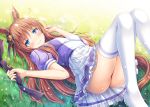  akashio_(loli_ace) animal_ears ass blue_eyes blush bow brown_hair commentary ear_ribbon eyebrows_visible_through_hair eyes_visible_through_hair frilled_skirt frills grass grass_wonder horse_ears horse_girl horse_tail knees_together_feet_apart knees_up long_hair lying no_panties no_shoes on_back on_grass on_ground pleated_skirt school_uniform serafuku skirt smile solo tail thighhighs umamusume white_legwear 