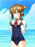  anchor_symbol blue_sailor_collar blue_sky blue_swimsuit blush brown_hair cloud covered_navel covered_nipples cowboy_shot day eyebrows_visible_through_hair folded_ponytail hair_between_eyes highres inazuma_(kantai_collection) kantai_collection long_hair looking_at_viewer neckerchief no_pants ocean one-piece_swimsuit outdoors red_neckwear saburou_(minami_makoto) sailor_collar school_swimsuit school_uniform serafuku shirt_lift sky solo swimsuit swimsuit_under_clothes 