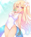  azur_lane bangs blonde_hair blue_hair blue_innertube blush bottle breasts cleveland_(azur_lane) collarbone covered_navel eyebrows_visible_through_hair flower food food_in_mouth gradient_hair groin hair_flower hair_ornament highleg highleg_swimsuit holding holding_bottle holding_innertube innertube long_hair looking_at_viewer medium_breasts mouth_hold multicolored_hair name_tag new_school_swimsuit one-piece_swimsuit one_side_up parted_bangs popsicle red_eyes sakurato_ototo_shizuku school_swimsuit solo swimsuit tan transparent very_long_hair water_bottle wet white_flower white_school_swimsuit white_swimsuit 